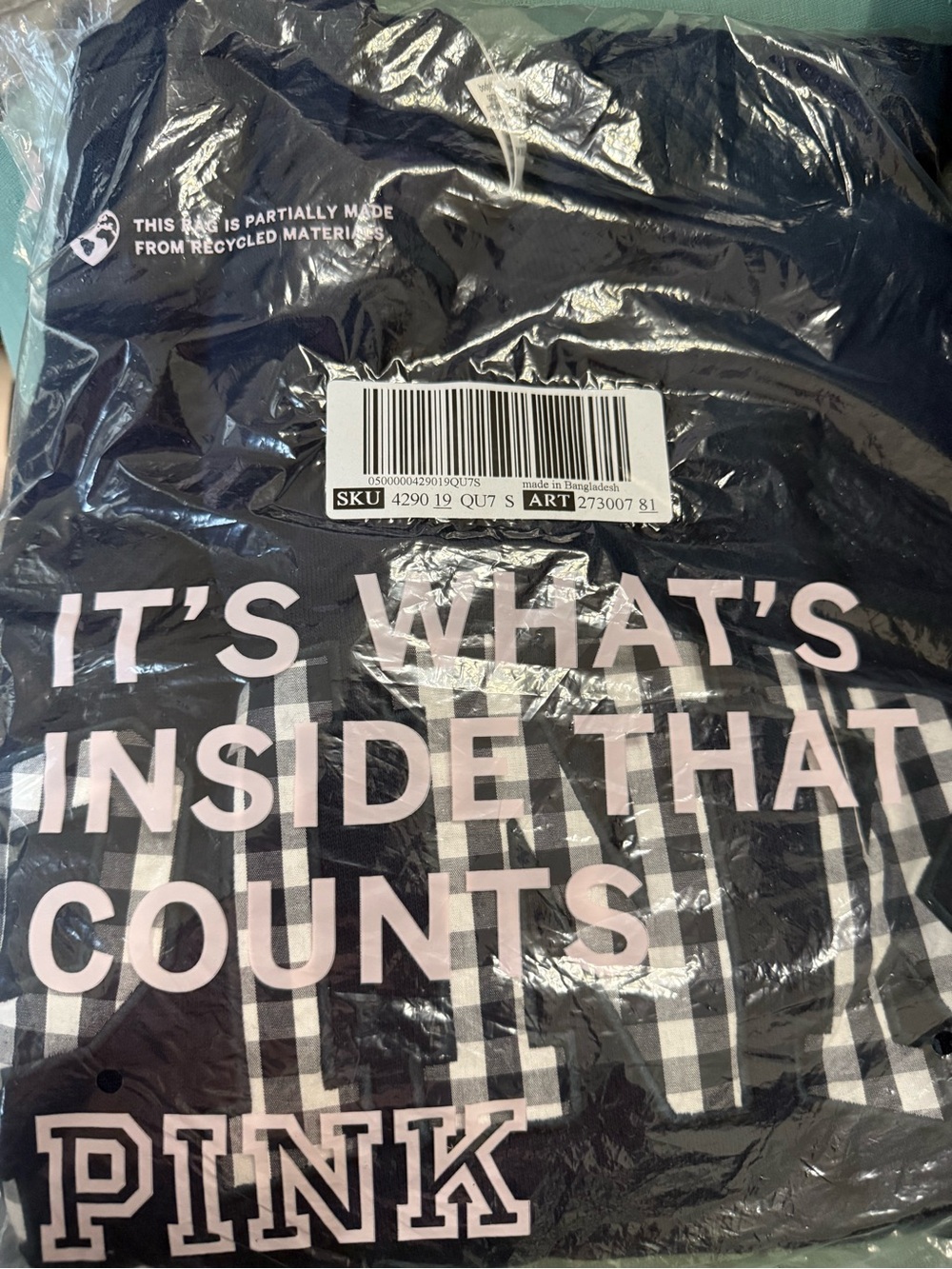 NWT, PINK Victoria's Secret Navy Pullover with Plaid Logo, Size Small - Picture 5 of 7